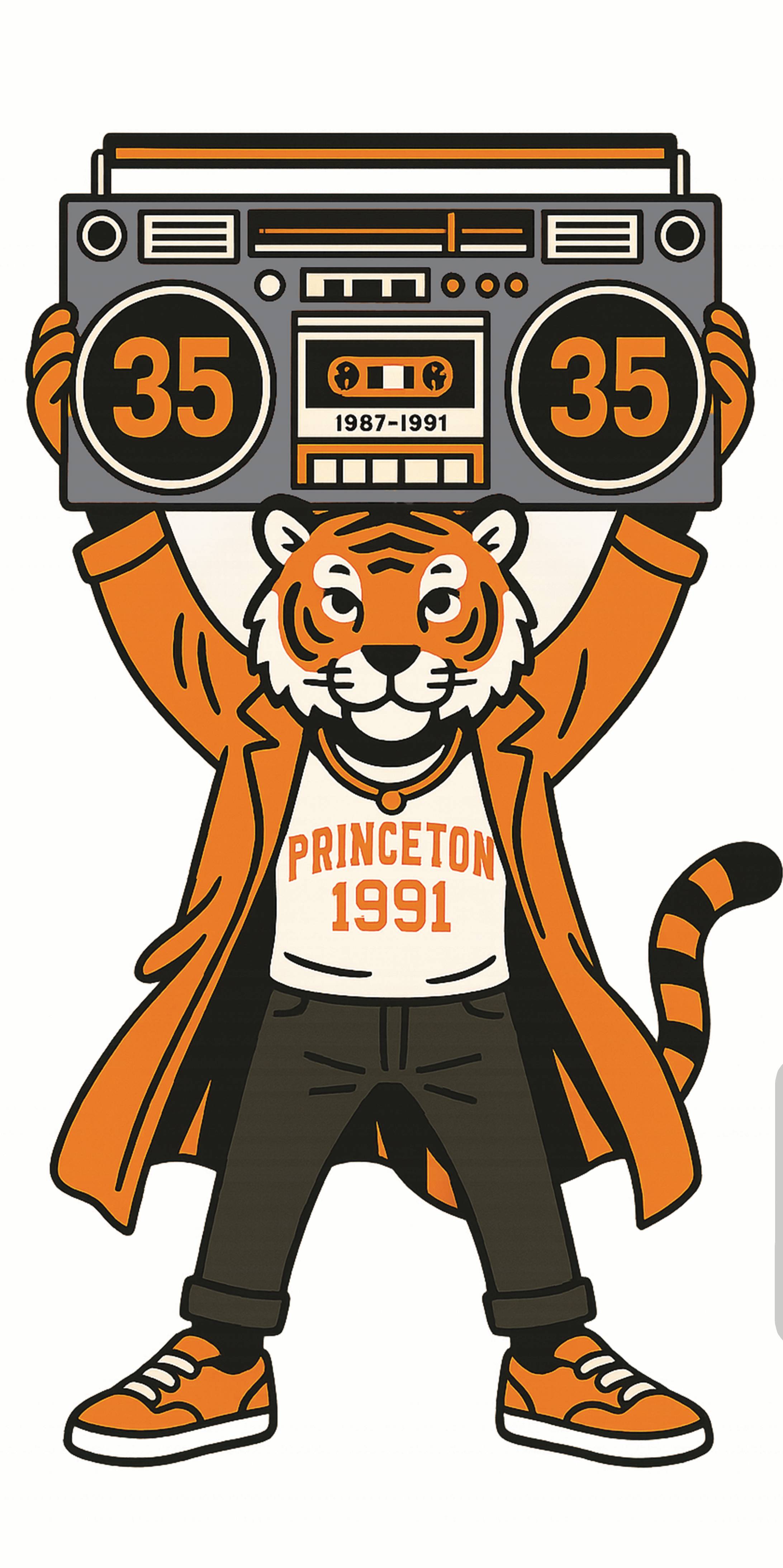 Princeton 1991 Tiger holding a boombox